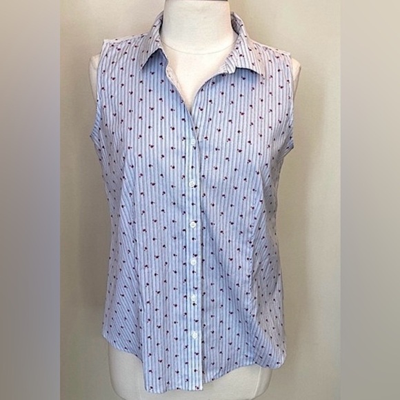 Talbots Blue Pink Striped Palm Tree Print Sleeveless Button Down Tank Top Size 8 - Picture 1 of 9
